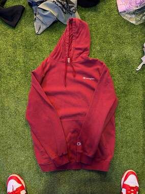 Champion Powerblend Fleece Script Logo Pullover Hoodie Maroon Red Men's XLT